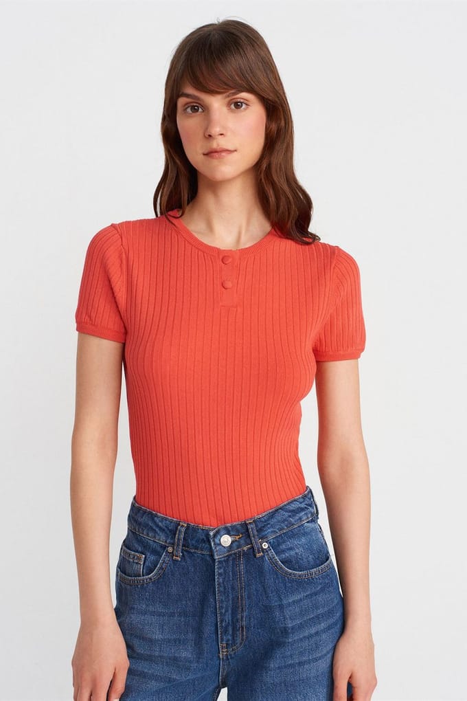 Geribbelde Korte Mouwen Knopblouse