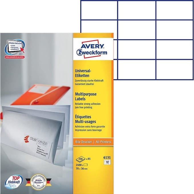 etiket Avery ILK 70x36mm op A5 vel doos a 200 vel 12 etiketten per vel wit