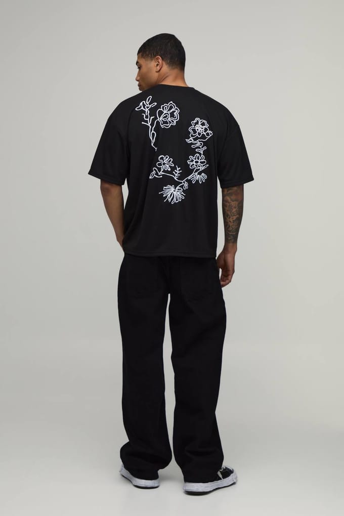 Oversized T-shirt Met Bloemenborduursels In Zware Interlock | Black | Size Medium
