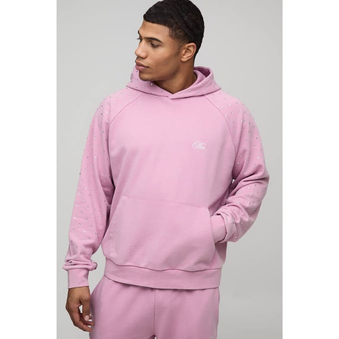 Oversized Boxy Men's Pailletten Gewassen Raglan Hoodie | Pink | Size Medium