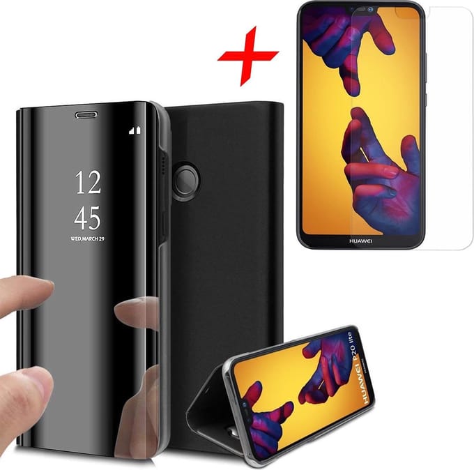 Hoesje geschikt voor Huawei P20 Lite - Screen Protector GlassGuard - Book Case Spiegel Zwart & Screenprotector