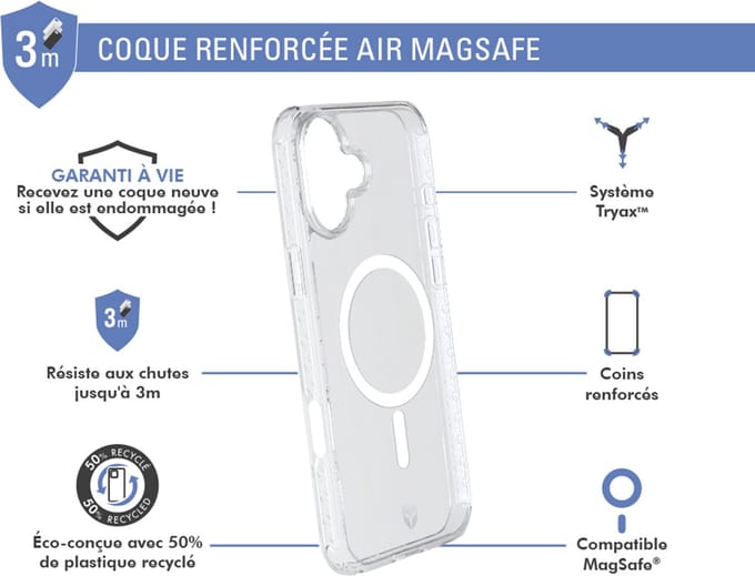 Force Case, Hoesje geschikt voor iPhone 16 Plus - AIR Versterkt Tryax System 3m MagSafe, Transparant