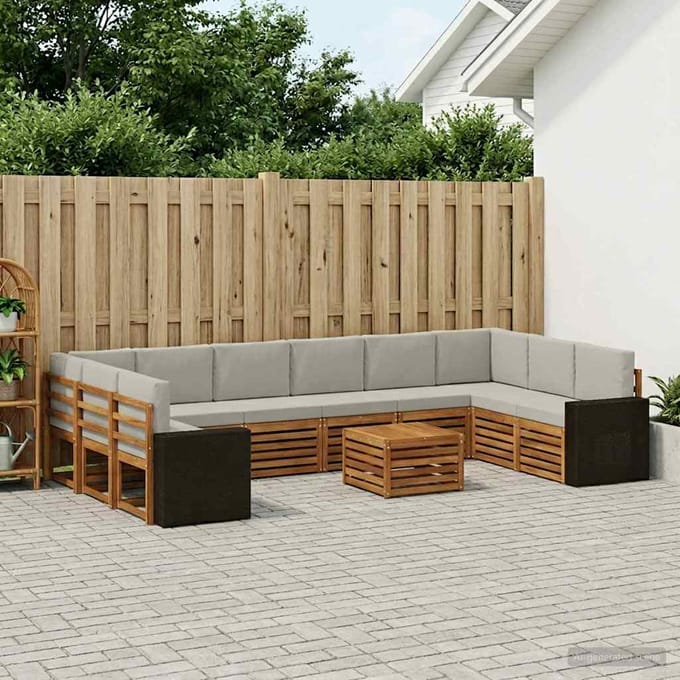 vidaXL - Buiten - bank - set - 11 - st - Naturel - en - lichtgrijs - Polyester