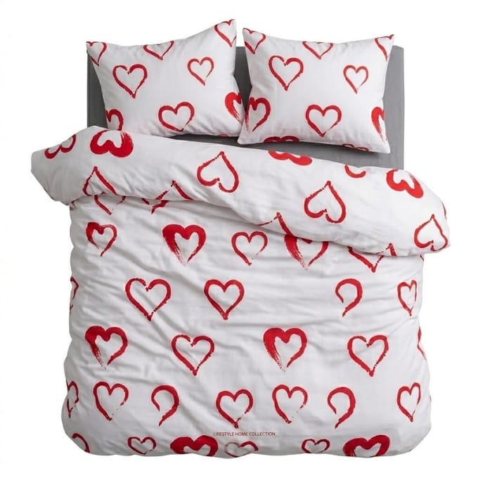 HappyNest - Dekbedovertrek - 2 persoons - 200x200 cm + met 2 Kussenslopen - 60*70 cm - Wit met Rode Wit Hartjes