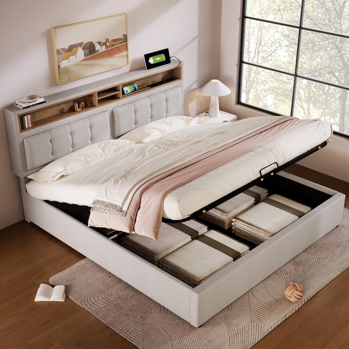 MODFU Bedframe 160x200 cm, gestoffeerd linnen, verstelbaar hoofdbord met USB-C en opbergruimte