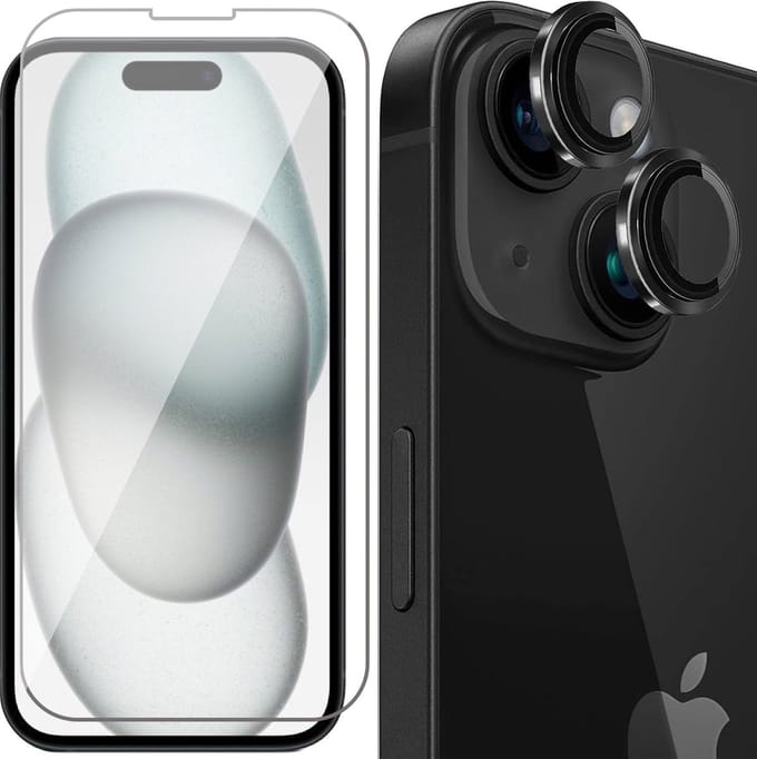 Screenprotector geschikt voor iPhone 15 & Camera Lens Protector - Gehard Glas Screen Protector GlassGuard Zwart