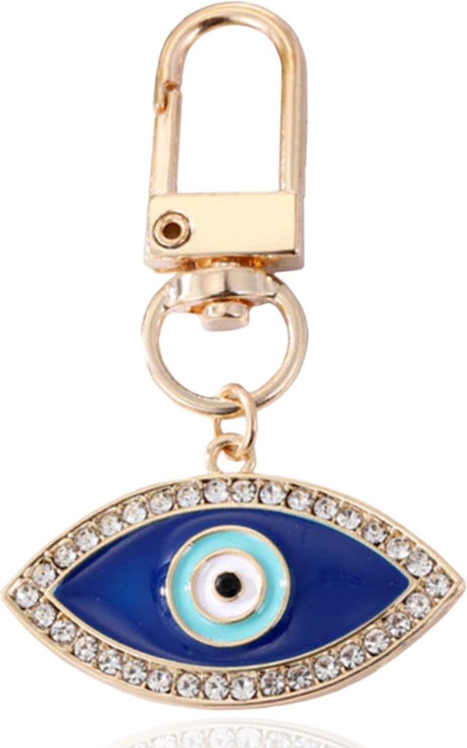 Goudkleurige Oog Sleutelhanger Blauw met Strass Steentjes