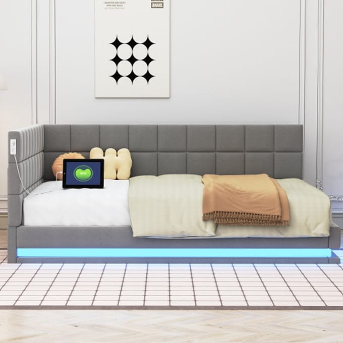 Zubaliya Schlafsofa Polsterbett - 140x200 cm Grijs - Leinen - LED Lichtleiste - USB Steckdose