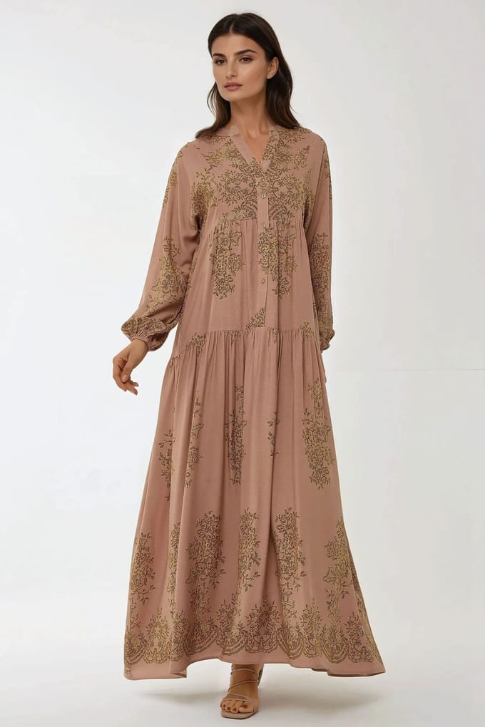 Geprinte Viscose Maxi Jurk met Blousekraag