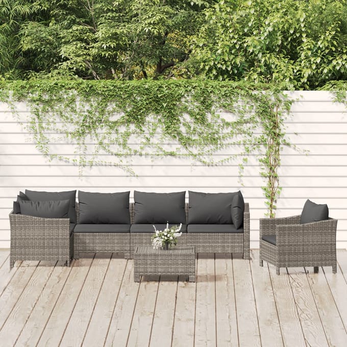 vidaXL - 7-delige - Loungeset - met - kussens - poly - rattan - grijs