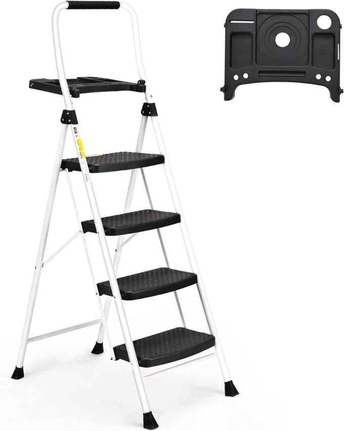 Zyrex® Huishoudtrap 4 Treden - Keukentrapje Basic Inklapbaar - Keukentrap Anti-slip – Wit - 0cm x 50cm x 120cm