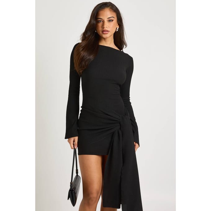 boohoo Dames Textuur Wikkel Strik Voorkant Minijurk | Zwart | Maat: 38