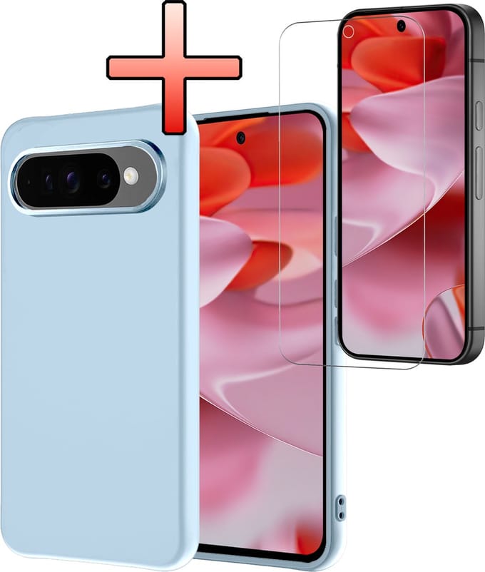 Hoesje - Met Screenprotector - Geschikt voor Google Pixel 9 Pro - Sterk & Shockproof - Back Cover - Siliconen Case - Telefoon Hoes - Lichtblauw