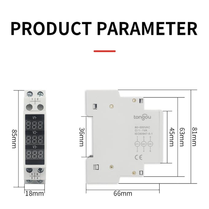 80~500V driefasige 35mm DIN-rail montage spanningsmeter modulaire voltmeter meter 3 LED digitaal display wit