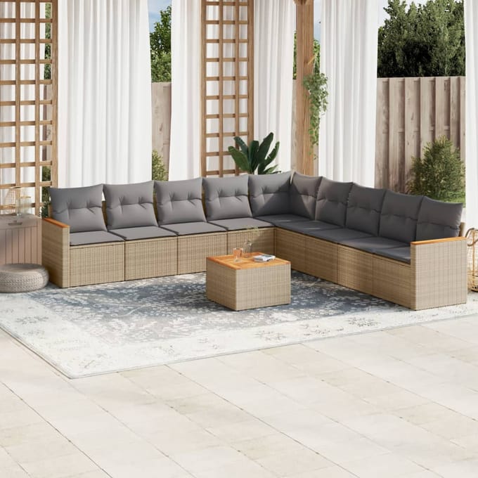 vidaXL - 10-delige - Loungeset - met - kussens - poly - rattan - gemengd - beige