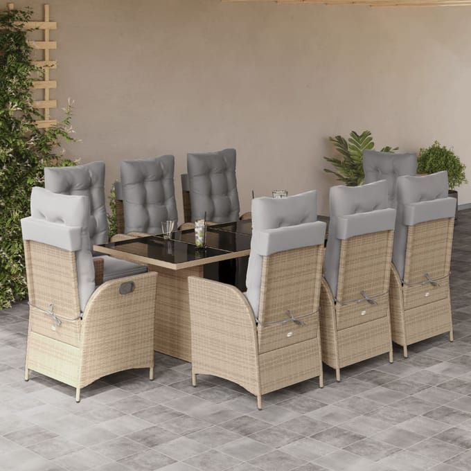 vidaXL - 9-delige - Tuinset - met - kussens - poly - rattan - gemengd - beige
