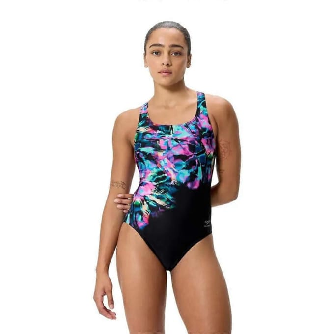 Speedo Dames Badpak Placement Printed Powerback Zwart/Blauw