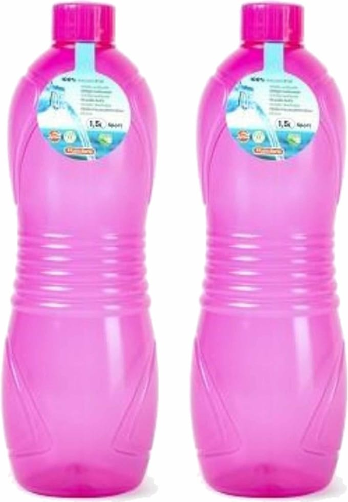 Plasticforte Drinkfles/waterfles/bidon - 2x - 1500 ml - transparant/roze - kunststof