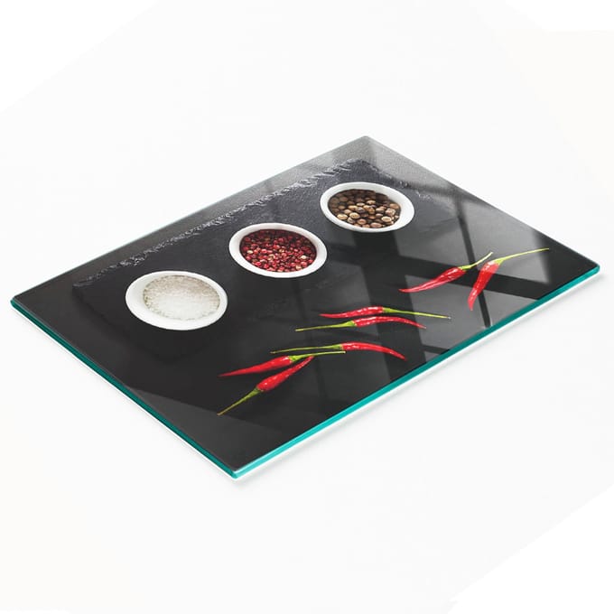Keukenplank van gehard glas met afbeeldingen van kruiden en chilipepers, 80x52 cm