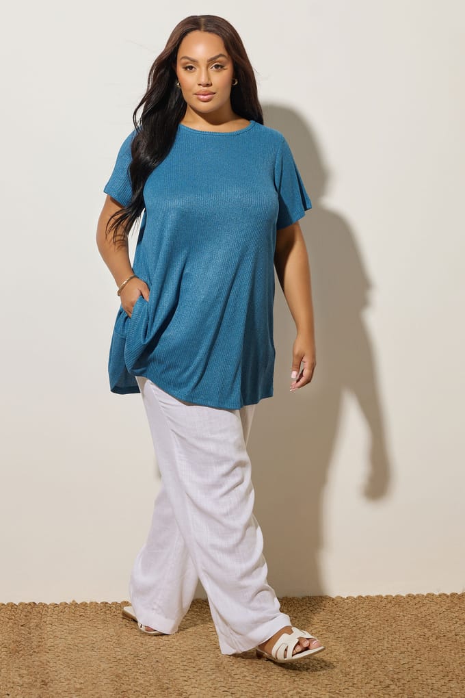 Yours Middenblauw Geribd Zacht Tshirt Size 54-56