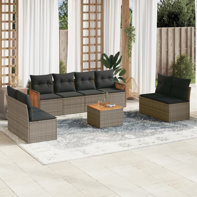 vidaXL - 9-delige - Loungeset - met - kussens - poly - rattan - grijs