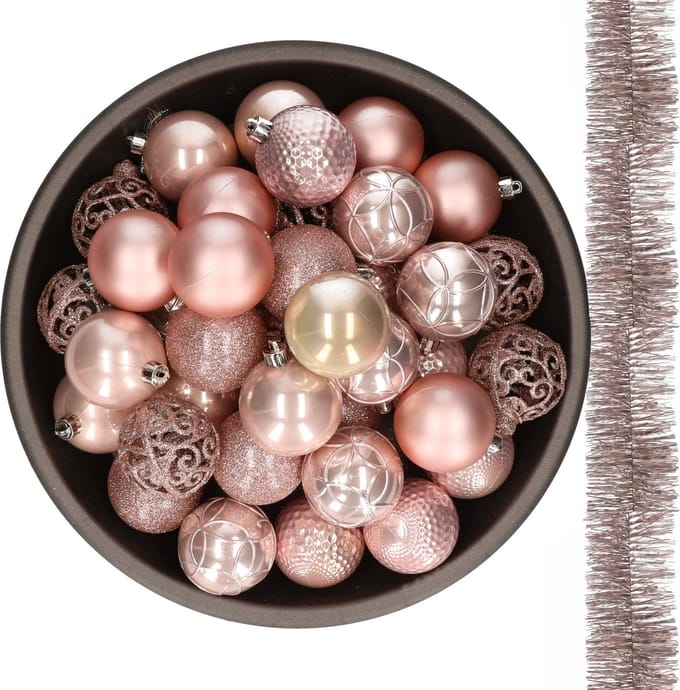 Kerstballen 37x stuks 6 cm - met 2x stuks kerstslingers - lichtroze
