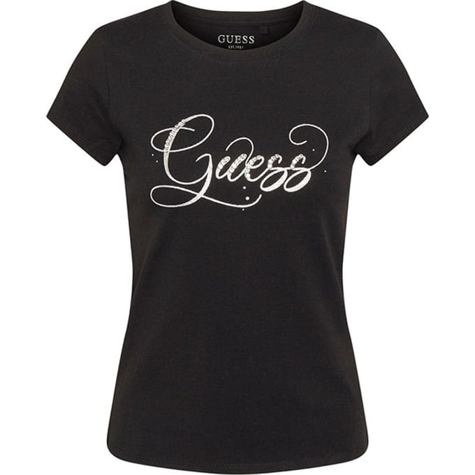 Guess - Maat S - Glitzy Logo R4 Dames T-shirt - Zwart