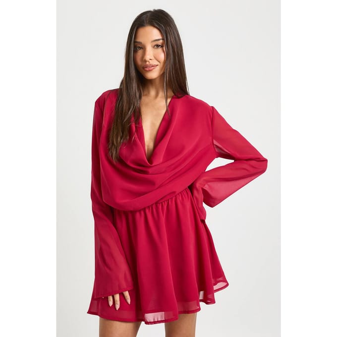 boohoo Dames Chiffon Diepe Cowl Mini Jurk | Framboos | Maat: 36
