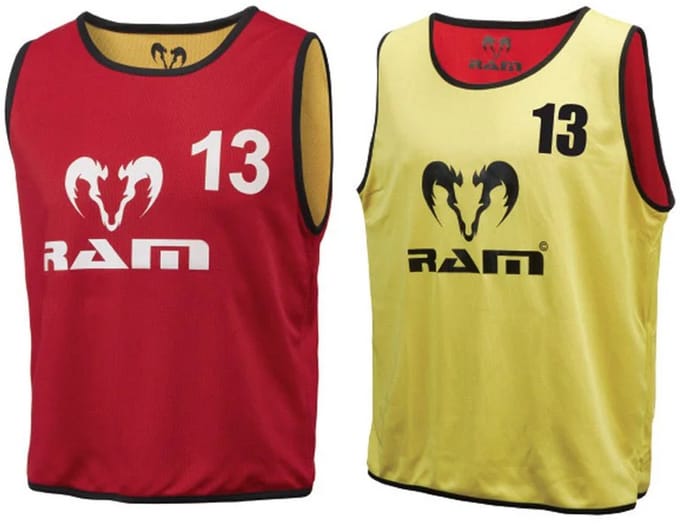 Dubbelzijdige genummerde Trainingshesjes - Heavy Duty - set van 15 - Small / Junior - Geel / Rood