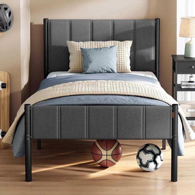 Bedframe met hoofdbord - Stalen frame - Comfortabel slapen - Stille constructie - 140x200 cm - Leigrijs