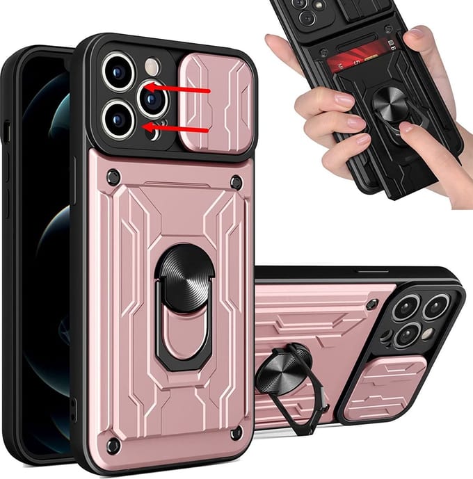 Hoesje Geschikt voor iPhone 12 Pro Max met pashouder / Ringhouder / lens bescherming – Rosegoud