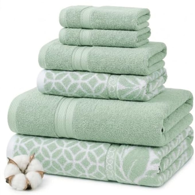 6-delige jacquard badhanddoekenset - Salie - Extra pluche en absorberend