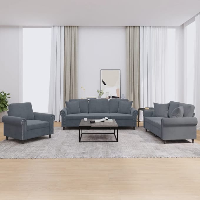 vidaXL - 3-delige - Loungeset - met - kussens - fluweel - donkergrijs