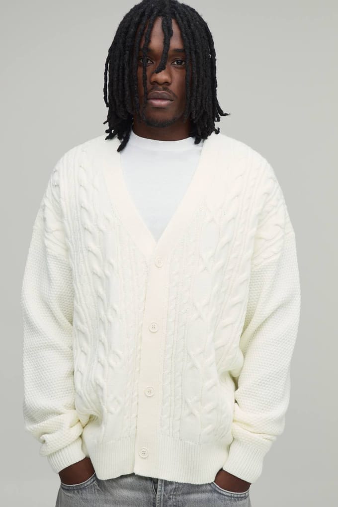 Tall Relaxed Fit Cable Knit Knitted Cardigan | Ecru | Size Large