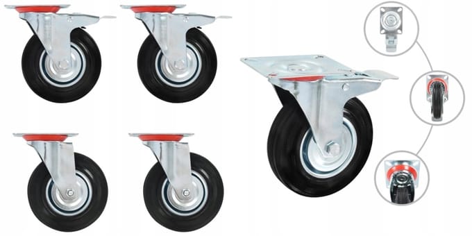 4x Zwenkwielen 125mm Rubber met Dubbel Rem - Set van 4