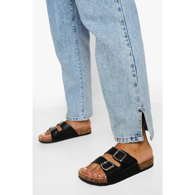 boohoo Dames Dubbele Gesp Footbed Slider | Black | Maat: 3
