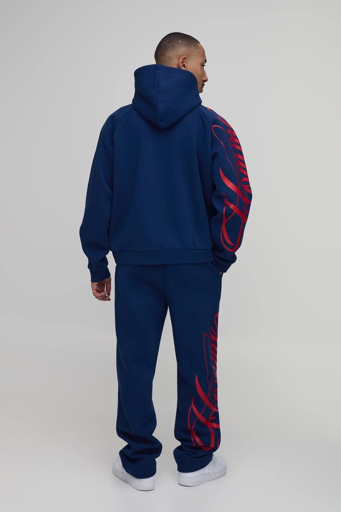Oversized Boxy Homme Script Hoodie En Relaxed Split Zoom Jogger Trainingspak | Navy | Size Small