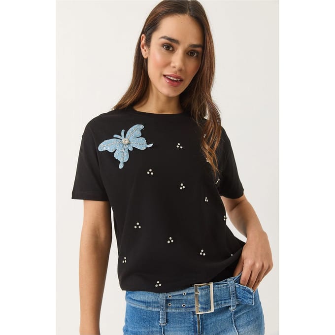 Geborduurd T-shirt met ronde hals