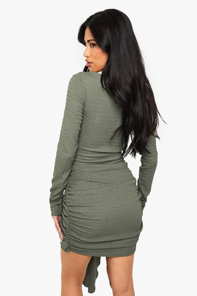 boohoo Dames Getextureerde Wrap Knoop Detail Mini Jurk | Kaki | Maat: 40
