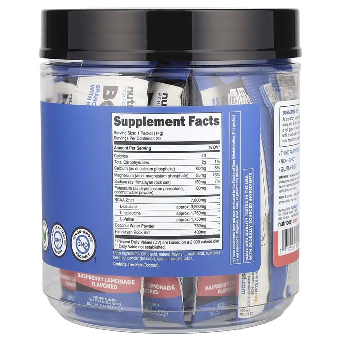 Nutricost, Performance Athlétique, BCAA+, Limonade Framboise, 20 Sachets, 0,5 oz (14 grammes) Chaque