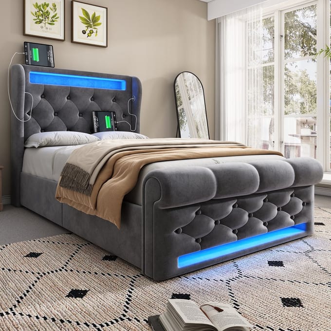 MODENUIT Gestoffeerd Bed 90x200 cm – LED en USB-C – Hydraulische Opbergruimte – Met matras – Fluweel – Grijs