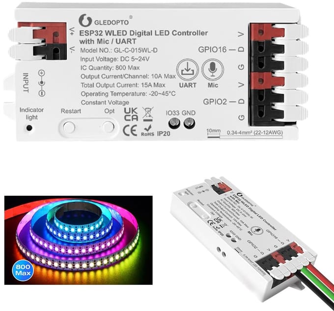 LED Strip Controller - WLED Module - Dynamische Modi - Mic en UART Download - 108 x 45 mm