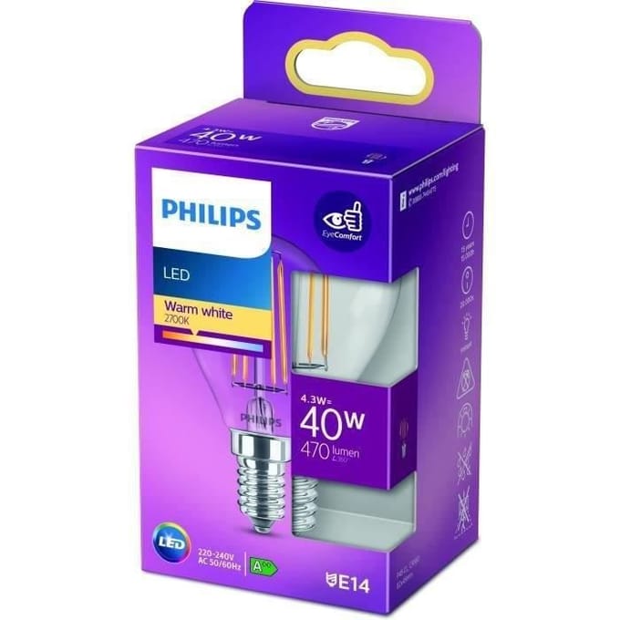 Philips LED lamp - Kogellamp met E14 fitting - Warmwit licht: 2700K - 40W - Helder glas