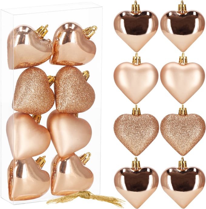 Springos Kerstballen | Rose Goud | Hartjes | 8 Stuks | 7 Cm