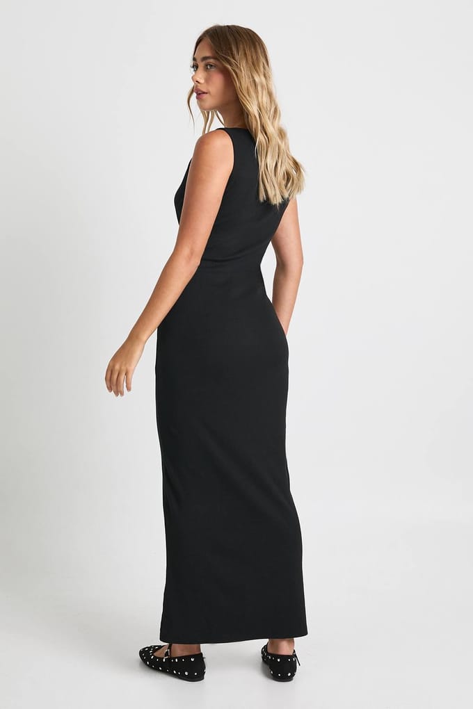 boohoo Dames Basic Rib Notch Maxi Jurk | Zwart | Maat: 36