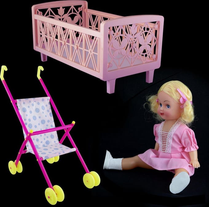 Koets + bedje voor babypoppen + GRATIS pop Amy 35 cm