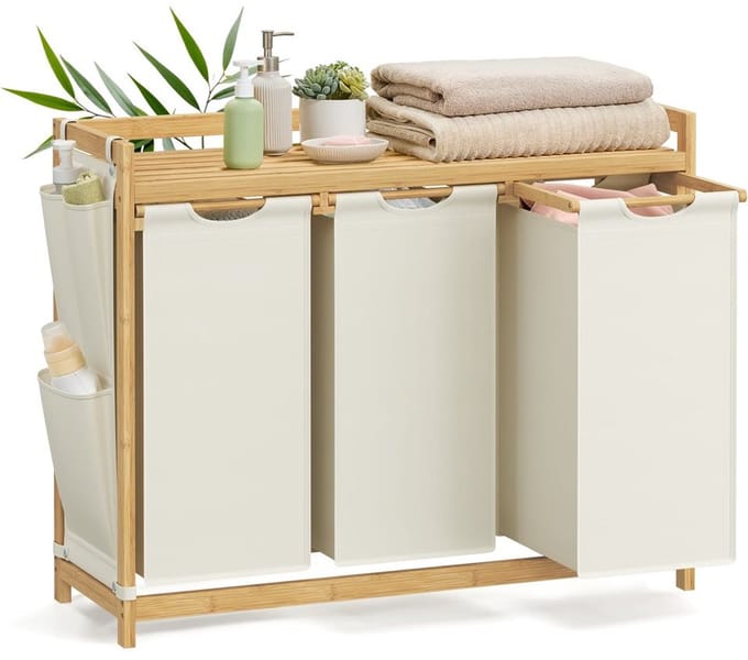 Wasmand 3 Vakken 3 x 50 L 94 x 33 x 78 cm Crèmewit – Grote Opberger