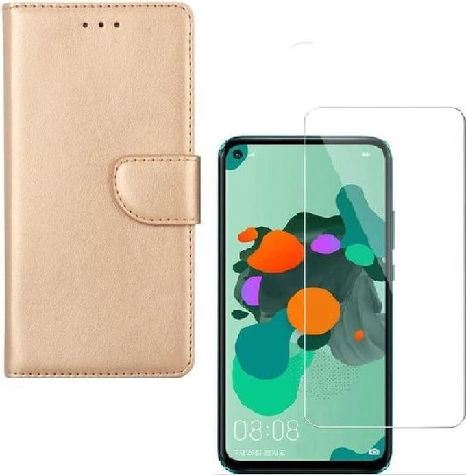 hoesje Geschikt voor: Huawei Mate 30 Lite Portemonnee Goud met 2 stuks Glas Screen protector