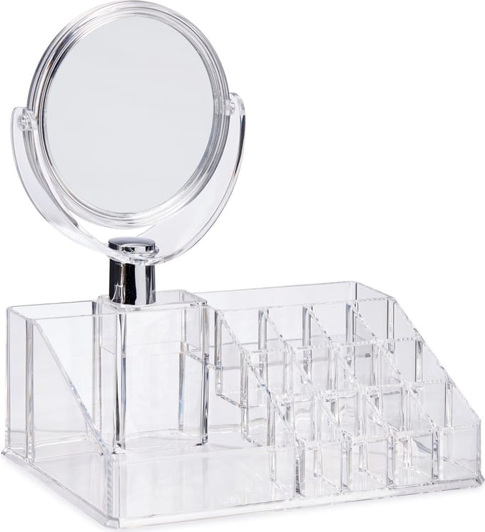 Make-up organizer/opberger 16-vaks met spiegel 22 x 12 cm van kunststof - Make-up houder