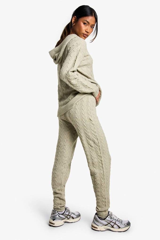 boohoo Dames Zacht kabelgebreid trainingspak met zip-through capuchon | Stone | Maat: Medium